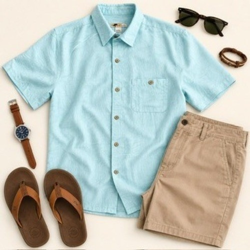 Joe Marlin Mens Light Blue Tropical Short Sleeve Button Down Shirt Size Large